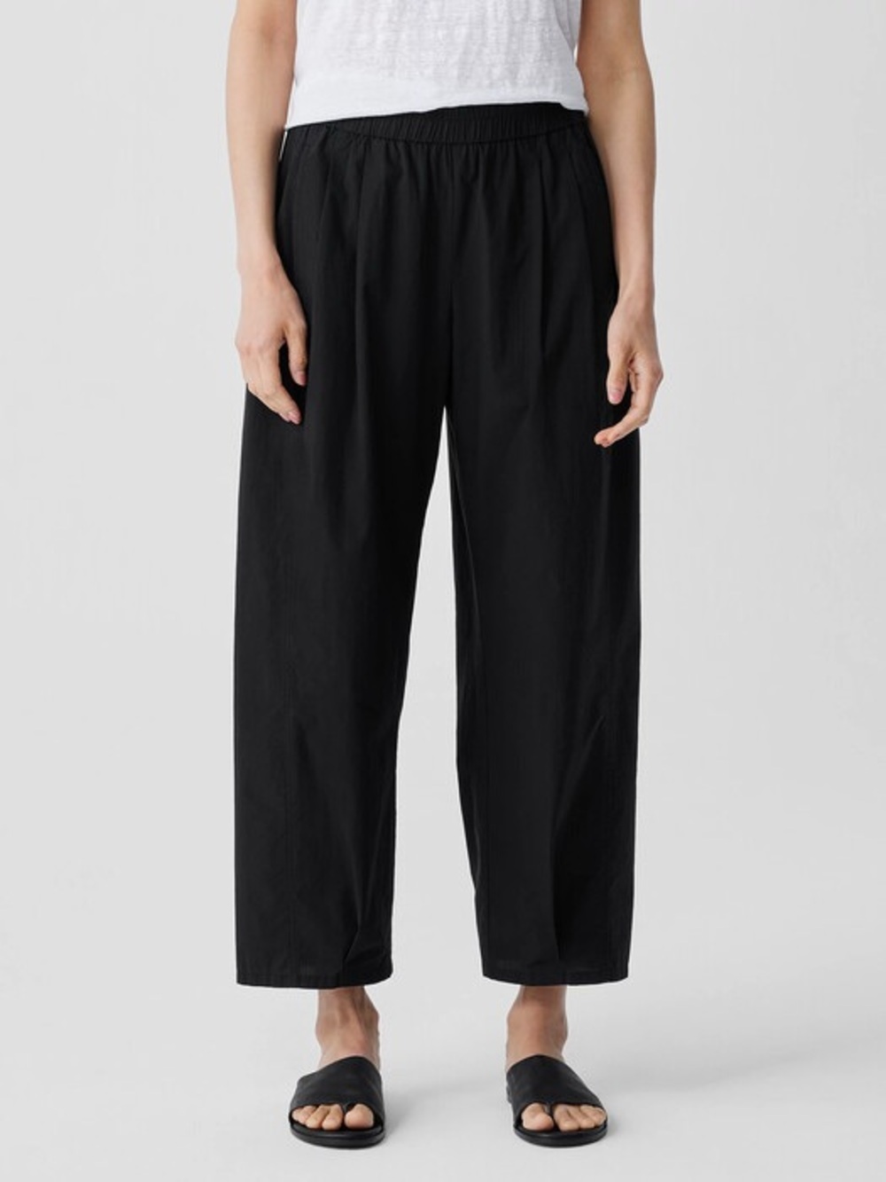 Eileen Fisher Organic Cotton Lantern Barrel Wide Pull On Pant Large Black Poplin